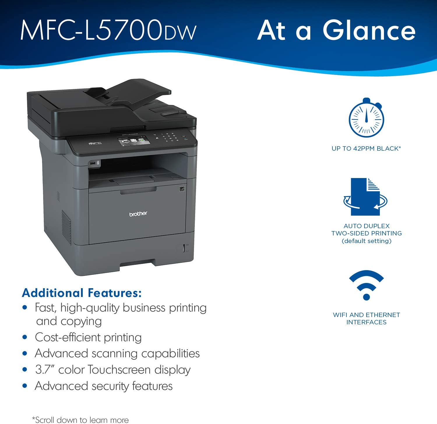 Brother Monochrome Laser Multifunction All-in-One Printer, MFC-L5700DW, Flexible Network Connectivity, Mobile Printing & Scanning, Duplex Printing,  Dash Replenishment Ready, Black - Image 3